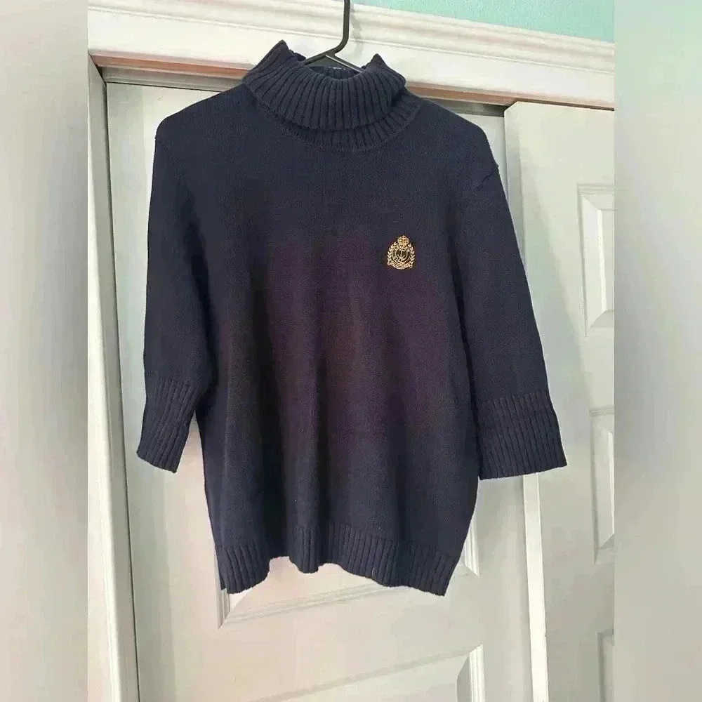 VTG Lauren Ralph Lauren Navy Blue Turtleneck Crest Emblem 3/4 Sleeve Womens L